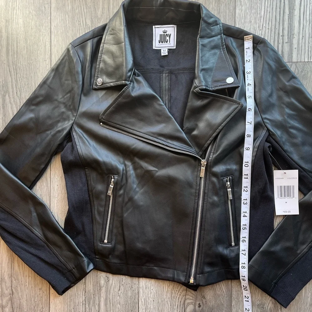 Juicy Couture Women’s Faux Leather Moto Jacket Side Paneling Black Medium NWT